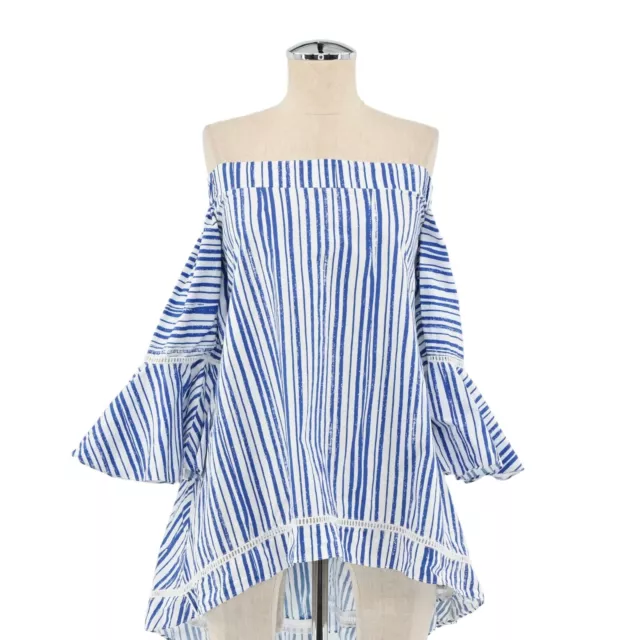 N NICHOLAS Womens Size 4 Blouse Washed Stripe Off Shoulder Top Blue White Cotton