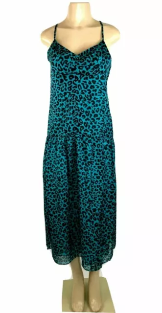 Michelle Mason Silk Dress Size 6 Teal Leopard Print Midi Low Back Strappy Slit