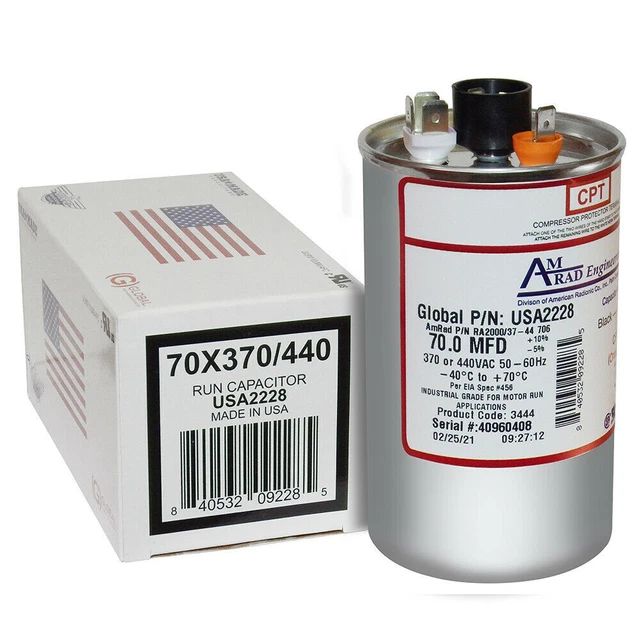 Amrad USA2238 - 50/7.5/370/440V Round Run Capacitor HVAC USA Made New