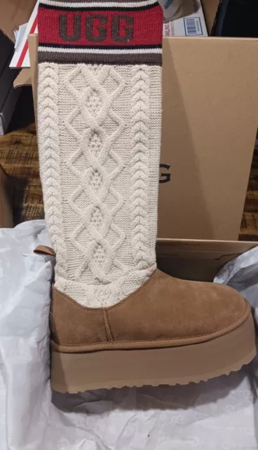 UGG Women's Classic Sweater Letter Platform Suede Chestnut Boots Sz 9 New W 📦