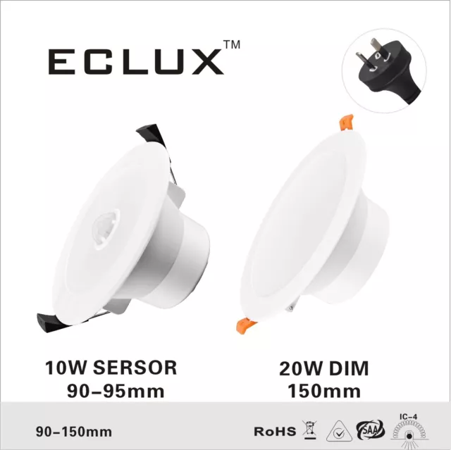 Led Downlight 10W 20W;95 150 Cutout Dim  Pir Sensor & Non Sensor Tri-Colour Ip44