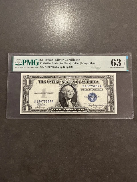 Silver Certificate FR 1608mule $1 PMG 63EPQ  1935A SA Block