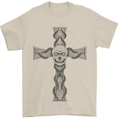 A Gothic Skull and Tentacles on a Cross Mens T-Shirt Cotton Gildan