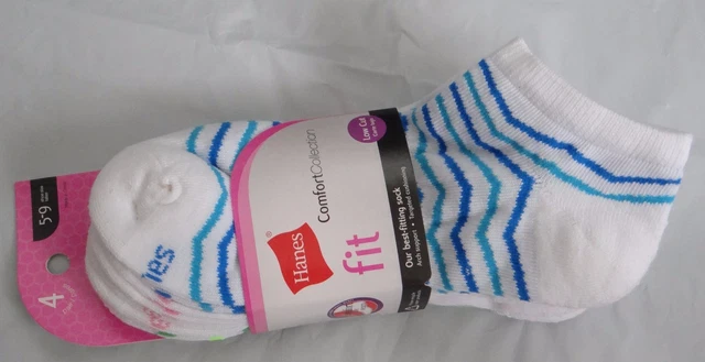 Hanes Fit Comfort Collection Low Cut white striped 4 pair Socks,Women shoe 5-9