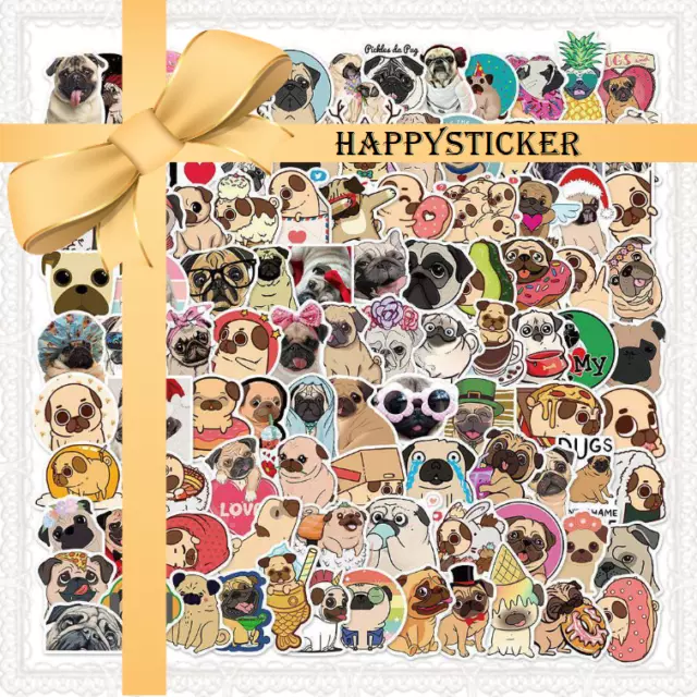 100pcs Pug Dog Cute Animals Stickers Waterproof Vinyl Decal Luggage Skateboard