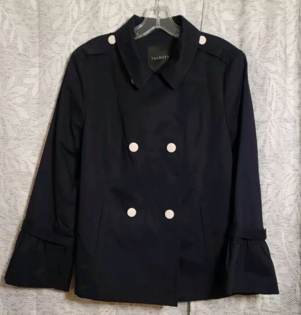 NWT Talbots Navy Blue Cotton Pea Coat Lightweight Women's Size L Double Breasted