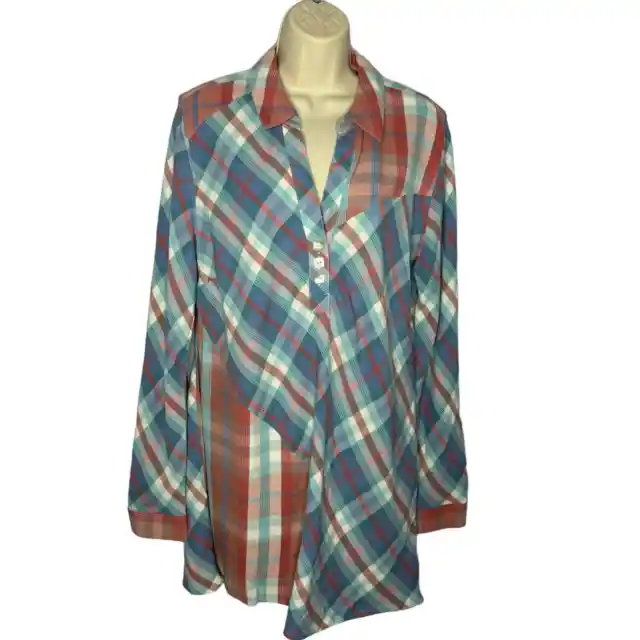 Soft Surroundings Womens LA Pass Shirt Ecru Multi Plaid Tunic Blouse XL