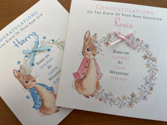 Personalised Handmade New Baby Card, Beatrix Potter Peter Rabbit/Flopsy