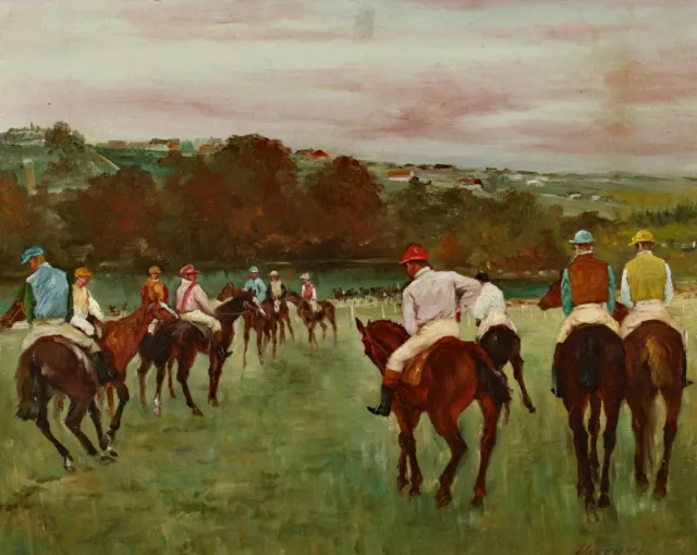 Hoffman Antiguo Pintura Al Óleo Jockeys Caballos Carreras de Hipódromo USA Pared