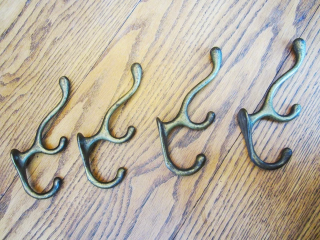 TRIPLE HOOKS! 4 Brass? Cast Iron? Hall Tree Stand Victorian Coat Hat Wall Rack