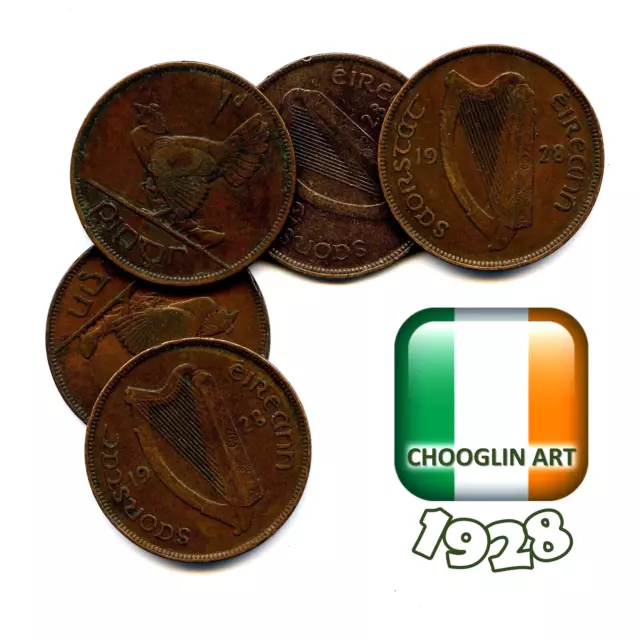 SET OF (x5) IRISH 1928 PENNY 1d coins, 96 Years Old!