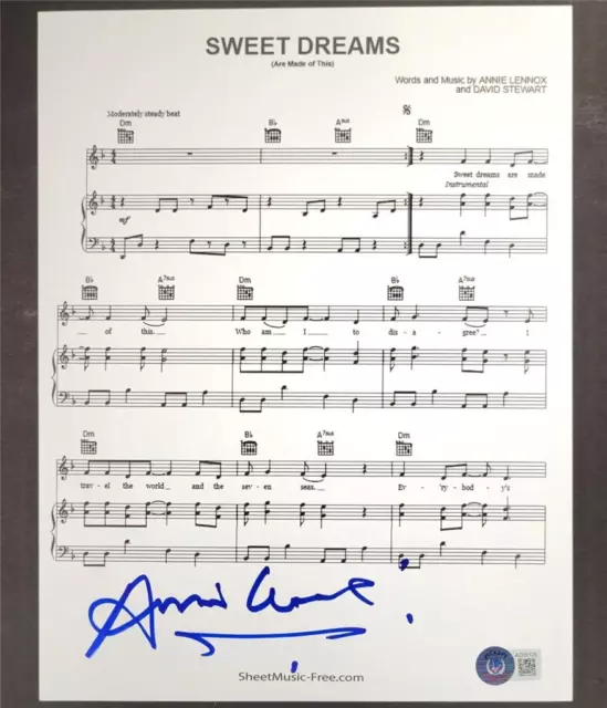 Annie Lennox signed Eurythmics "Sweet Dreams" 8.5x11 Song Lyric Sheet ~ BAS