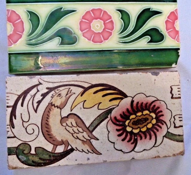Antique Tile Japan Porcelain Majolica Art Nouveau Printed Parrot Floral 2 Pc Lo 2