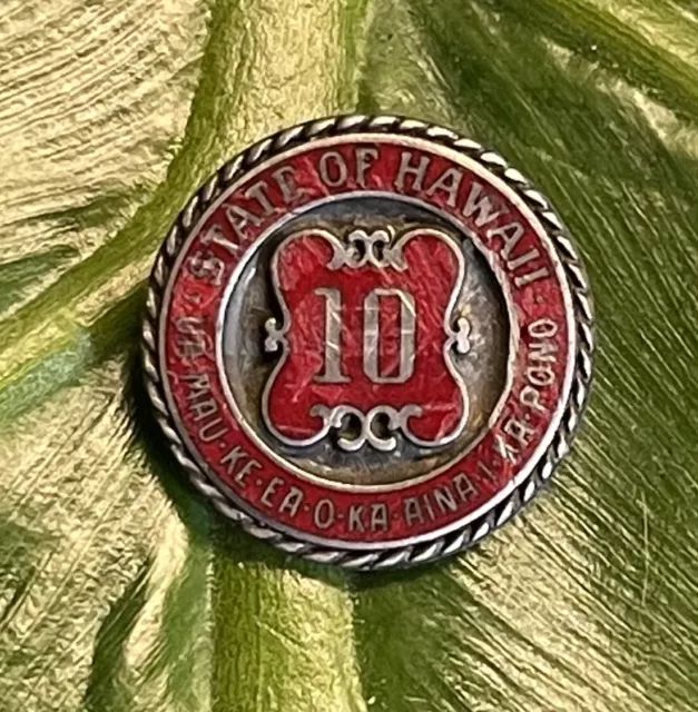 Vintage State Of Hawaii Sterling Silver Enamel 10 Years Statehood Pin W/ Motto