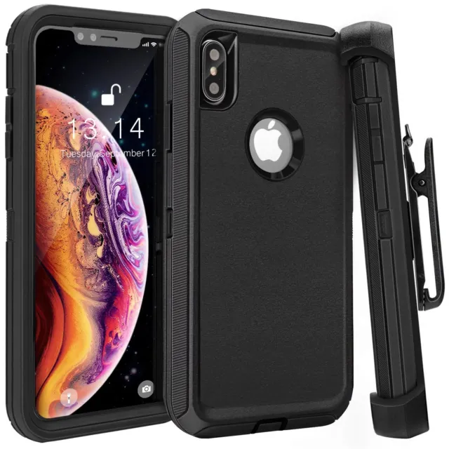 For iPhone XS XR XS Max Shockproof Defender Black Rugged Case With Clip + Screen