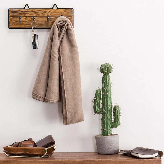 Wall-Mounted Burnt Wood Key Rack with Black Metal Frame and 4 Hooks