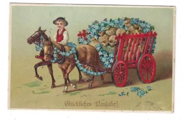 alte AK von 1913,  Neujahr, Prägekarte, Pferdewagen, Junge, Geld, Blumen
