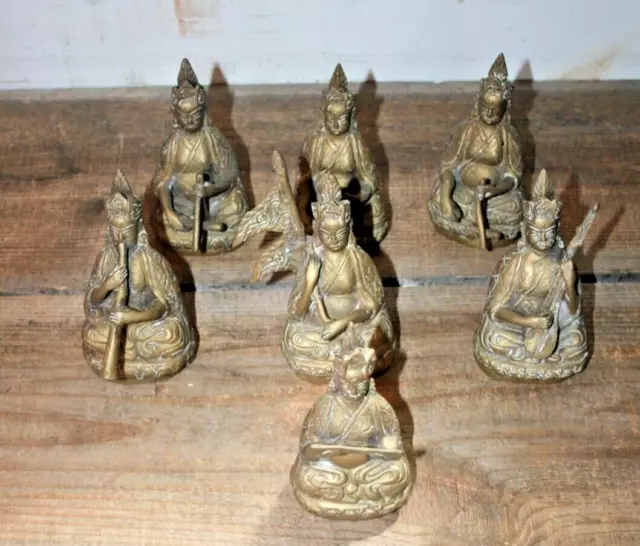 Set of 7 Vintage Bronze Brass Scholar God Statues Buddha Asian Chinese Tibetan