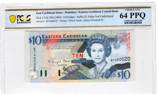 East Caribbean States 1994 $10 PCGS Banknote Certified UNC 64 PPQ Pick 32d
