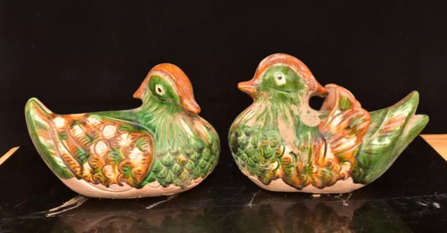 8.4 " Chinese Tang Sancai Pottery Painting Animal Mandarin Duck Bird Statue pair