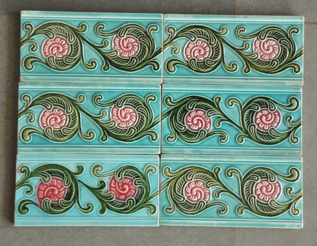 6 Pc Vintage Majolica Floral Vine Embossed D.K Mark Colorful Ceramic Tiles,Japan