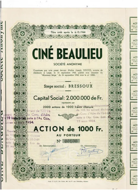 Cine' Beaulieu, Bressoux/ Belgium, apres 1944, 1000 BF, VF