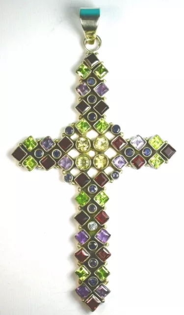 Very Big 11 Cms High 925 St. Silver Cross Pendant, With Beautiful Gemstones