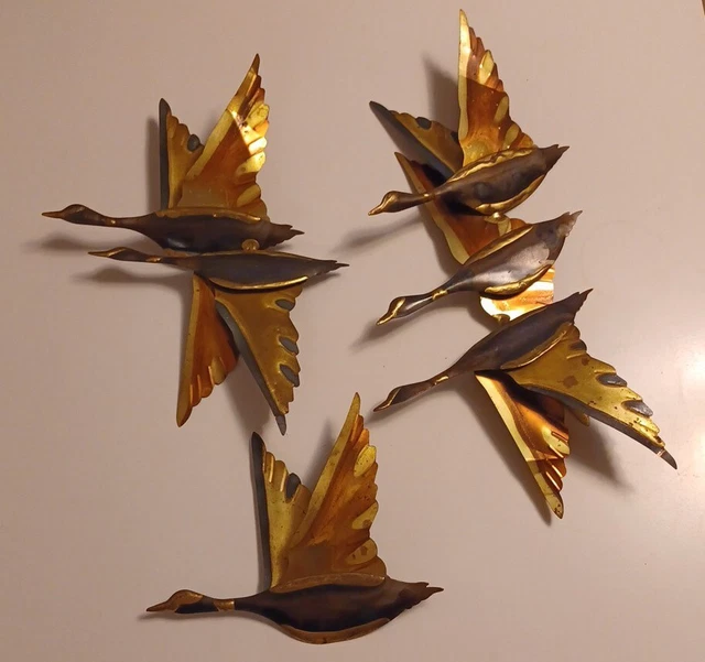 VINTAGE SET MCM Flying Ducks Geese Brass Metal Welded Wall Art Hanging