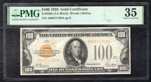 Fr. 2405 1928 $100 One Hundred Dollars Gold Certificate Note Pmg Very Fine-35