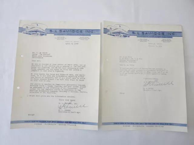 1949 & 1951 S.L. Savidge Motors Dodge Plymouth Letter Letterhead Document