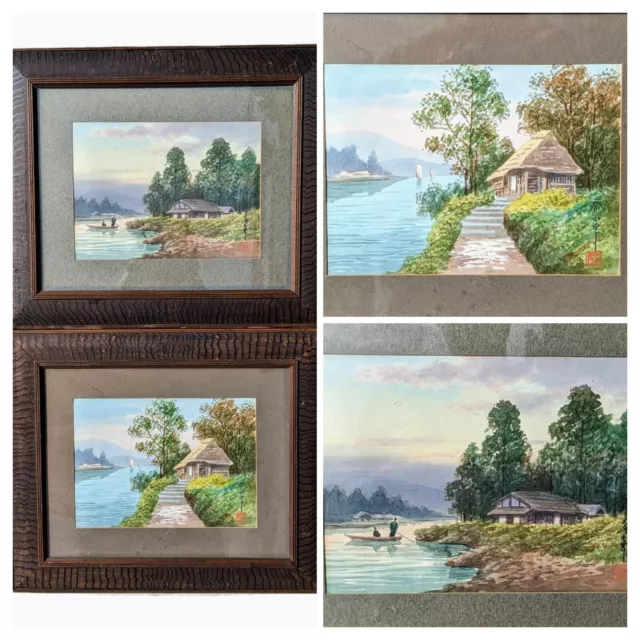 Wonderful Pair Vintage Chinese Watercolours - River Landscape 38cm Excellent