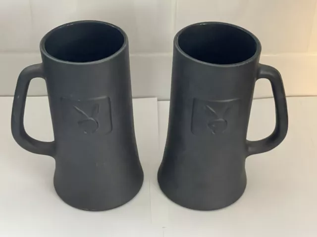 Playboy Club Gray Glass Lot 2 Coffee Cup Beer Stein Mug Embossed Bunny Vintage
