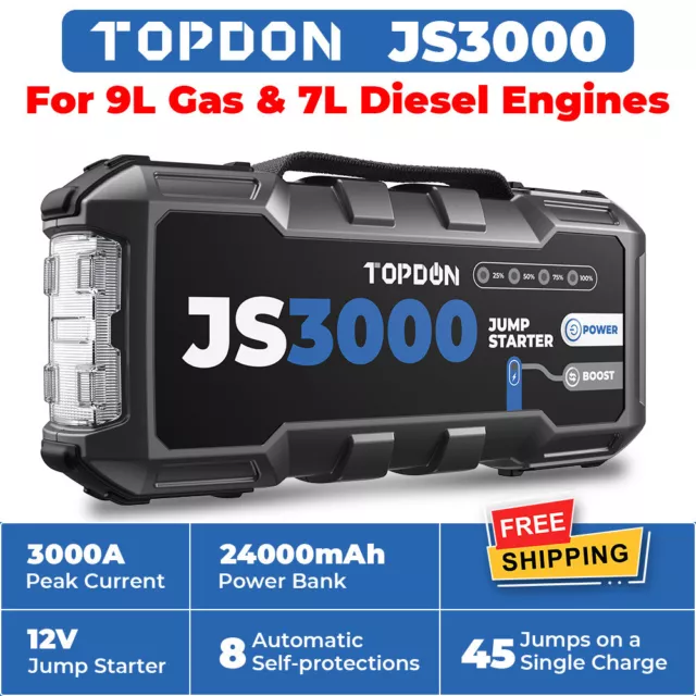 TOPDON 3000A 12V Gas/Diesel Lithium Jump Starter Portable Battery Booster 2