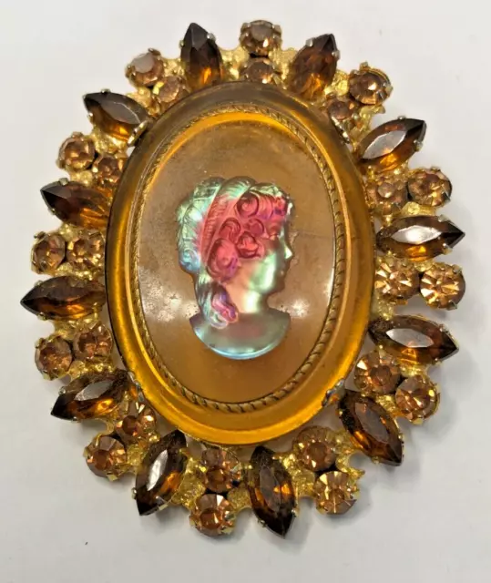 VINAGE JULIANA CAMEO  Brooch TOPAZ & AMBER  RHINESTONE