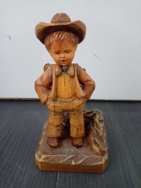 Vintage Anri Wooden Carved Cowboy Figurine, Folk Art.