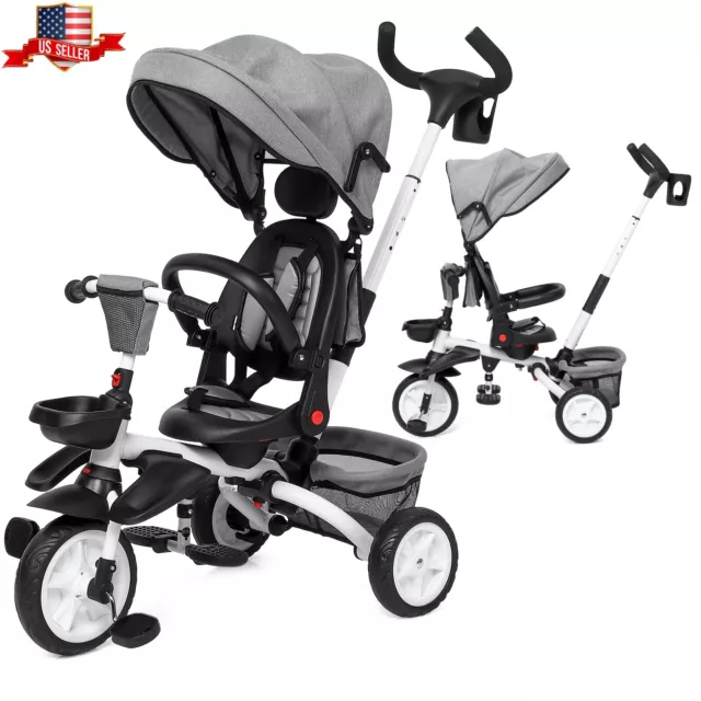 Baby Folding Stroller Tricycle w/ Reversible Seat & Canopy For 1-5 Years Old