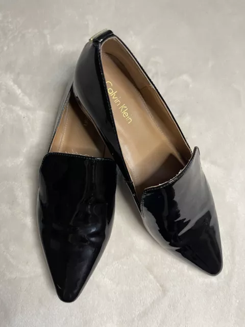 CALVIN KLEIN WOMENS 9 M Black Patent Elin Pointed Toe Flat Preppy