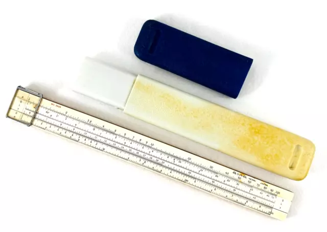 Antique Marked Sun Hemmi Japan Wooden Slide Rule in Blue and White Plastic Case