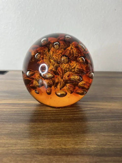 AMBER GLASS PAPERWEIGHT with BUBBLES LARGE HUGE 6 POUNDS rare MCM