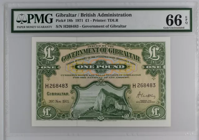 PMG 66 Great Britain UK Gibraltar 1971 British Administration Banknote 1 Pound