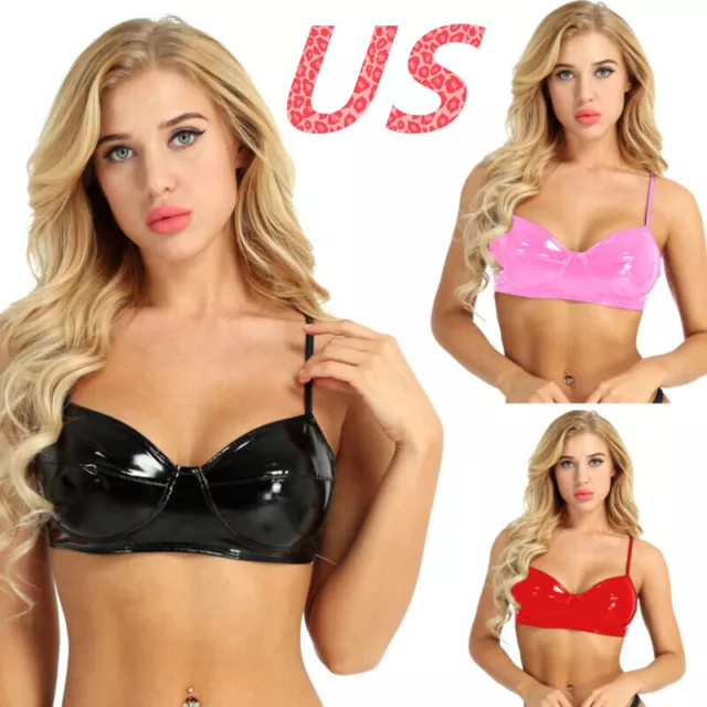 US Women's Wet Look PVC Leather Bra Top No Padded Bustier Corset Party Clubwear