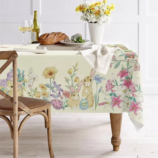 Easter Tablecloth 60 x 84 inches, Spring Floral and Bunny Watercolor Table Cloth