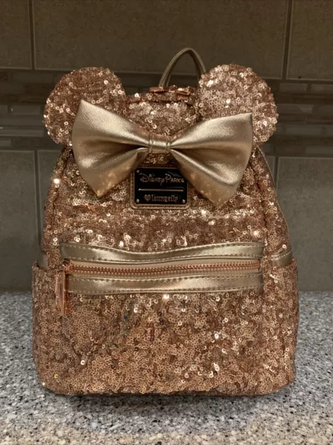 Loungefly Disney Rose Gold Bow Sequin Minnie Mini Backpack Bag