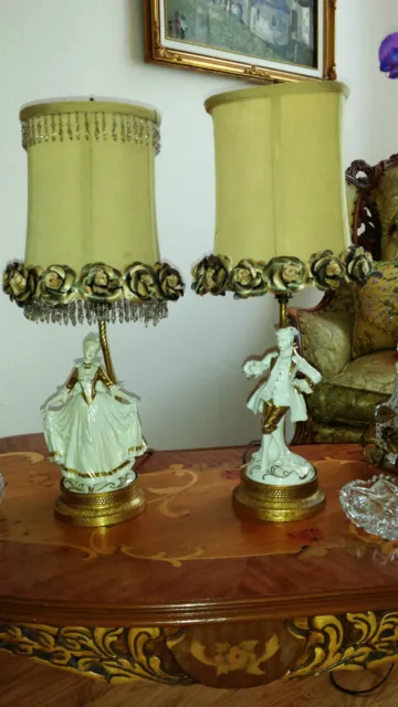 Antique Pair French Provincial Figurine Boudoir Lamps Light Fixtures Chandeliers 3