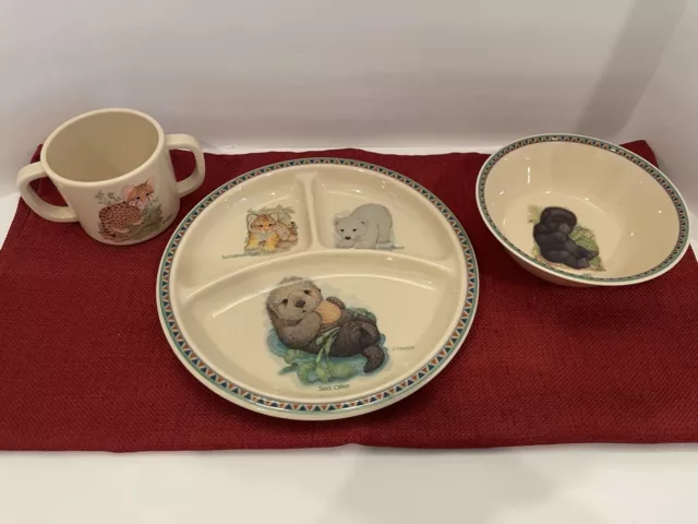 Vintage Selandia Childs Baby Animals Plate Set With Divided Plate, Bowl & Cup