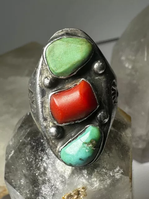 Navajo ring Coral Turquoise bear claw  heavy band size 11.75 sterling silver wom