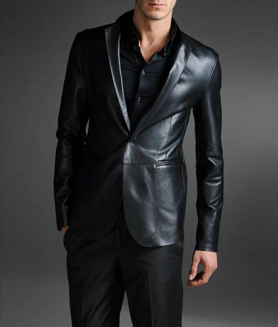 Nuevo Hombre Piel de Cordero Puro Cuero Suave Chaqueta un Botón Clásico Negro