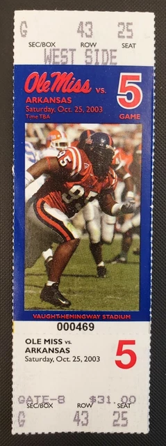 Ole Miss Rebels Arkansas Football FULL Ticket 10/25 2003 QB Eli Manning TD Stub