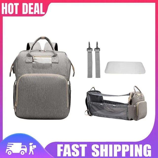 USB Folding Crib Baby Diaper Bag Mommy Nappy Backpack w/Sunshade (Grey)