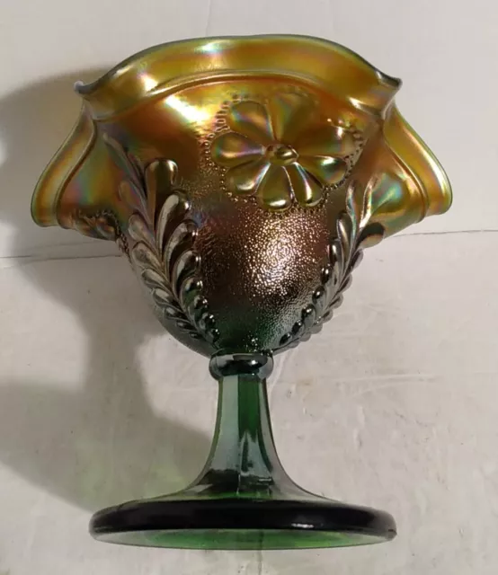 Vintage Northwood Green Carnival Glass Daisy Plume Fern Compote 5" Tall & 6" Dia